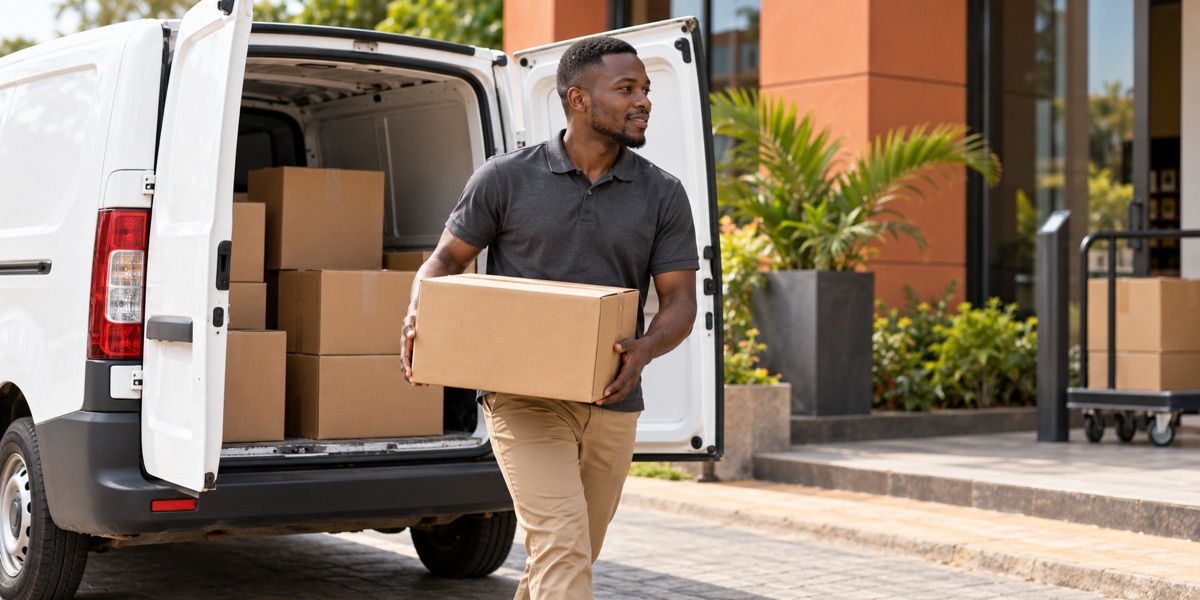 Illustrative courier with a parcel beside a delivery van