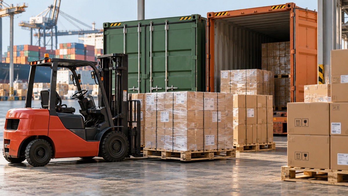 Illustrative freight handling with a forklift, packed cargo, and shipping containers